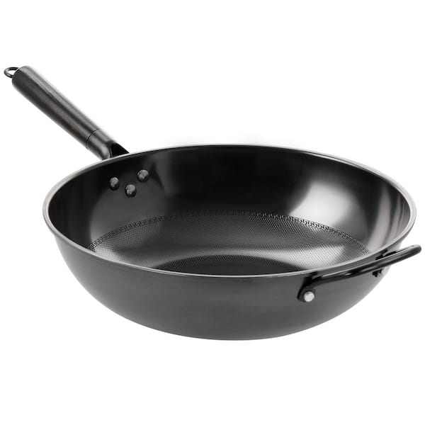 Debossed 13 in. Heavy Gauge Carbon Steel Wok in Black