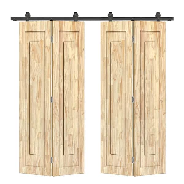 68 in. x 80 in. 1 Panel Shaker Hollow Core Unfinished Pine Wood Double Bi-fold Door with Barn Door Hardware Kit