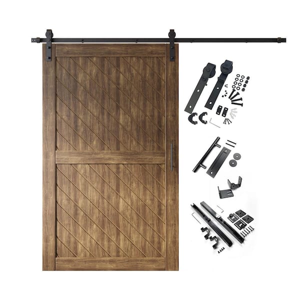 XT2 50 in. x 80 in. C-Panel Dark Walnut Slanted Stripe Design Solid Pine Wood Sliding Barn Door with Hardware Kit