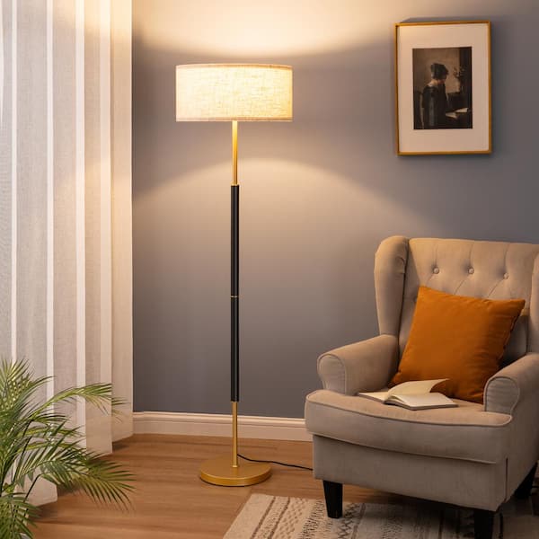 63 in. Traditional Black and Golden Standard 1-Light Floor Lamp for Living Room with Beige Drum Shade