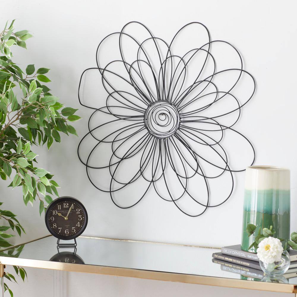 Black 3D Wire Floral Wall Sculpture with Crystal Embellishments