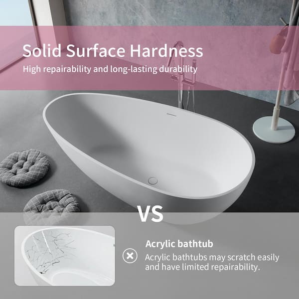 67 in. x 33.5 in. Solid Surface Flatbottom Freestanding Bathtub Contemporary Oval Soaking Bathtub in Matte White