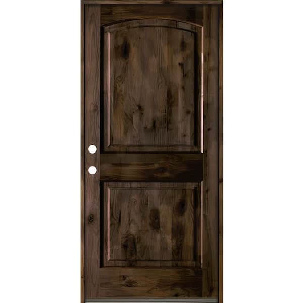 36 in. x 80 in. Rustic Knotty Alder 2-Panel Arch Top Right-Hand/Inswing BEHR True Black Stain Wood Prehung Front Door