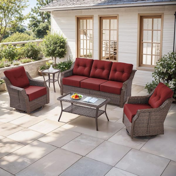 FangorHills 5-Piece Wicker Patio Conversation Set with Red Cushions and Coffee Table