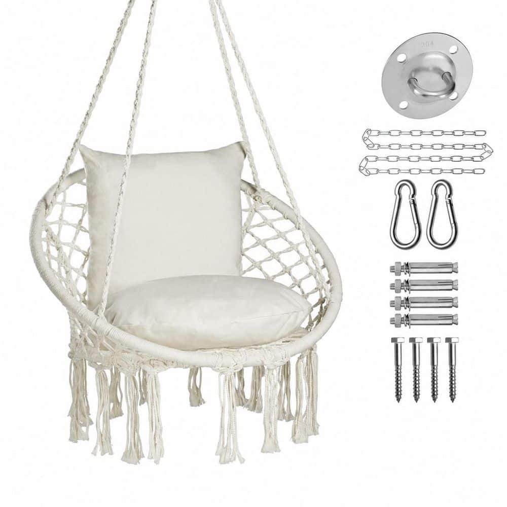 Cotton Macrame Hammock Swing Chair with 2 Cushions and Hanging Hardware Kit for Indoor Outdoor Patio Garden