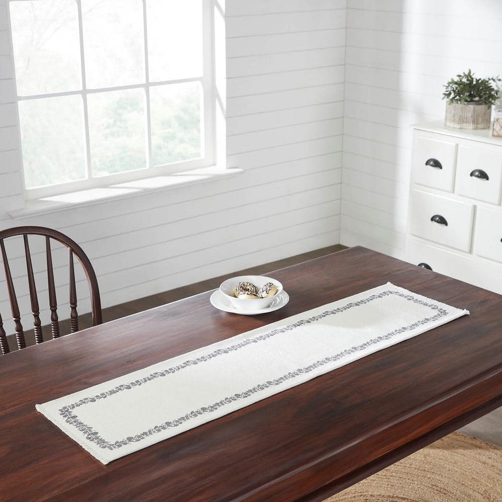 Soft White Cotton Table Runner with Eucalyptus Pattern, 12x48