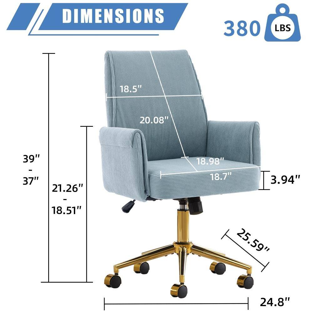 Dimension diagram of the blue corduroy office chair.
