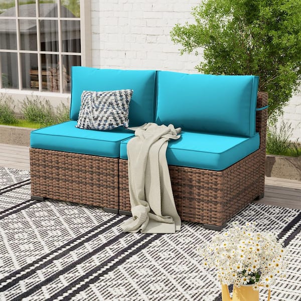 Brown Wicker Outdoor Loveseat with Cooling Sky Blue Cushions