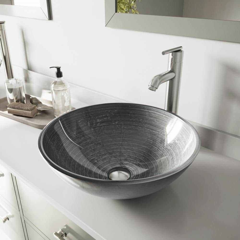 Glass Round Vessel Bathroom Sink in Silver with Seville Faucet and Pop-Up Drain in Brushed Nickel -  VIGO, VGT838