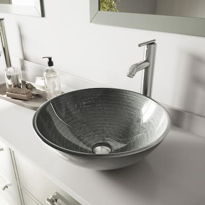 VIGO Glass Round Vessel Bathroom Sink in Silver with Niko Faucet and ...