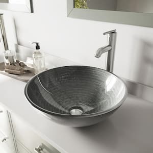 Glass Round Vessel Bathroom Sink in Silver with Seville Faucet and Pop-Up Drain in Brushed Nickel