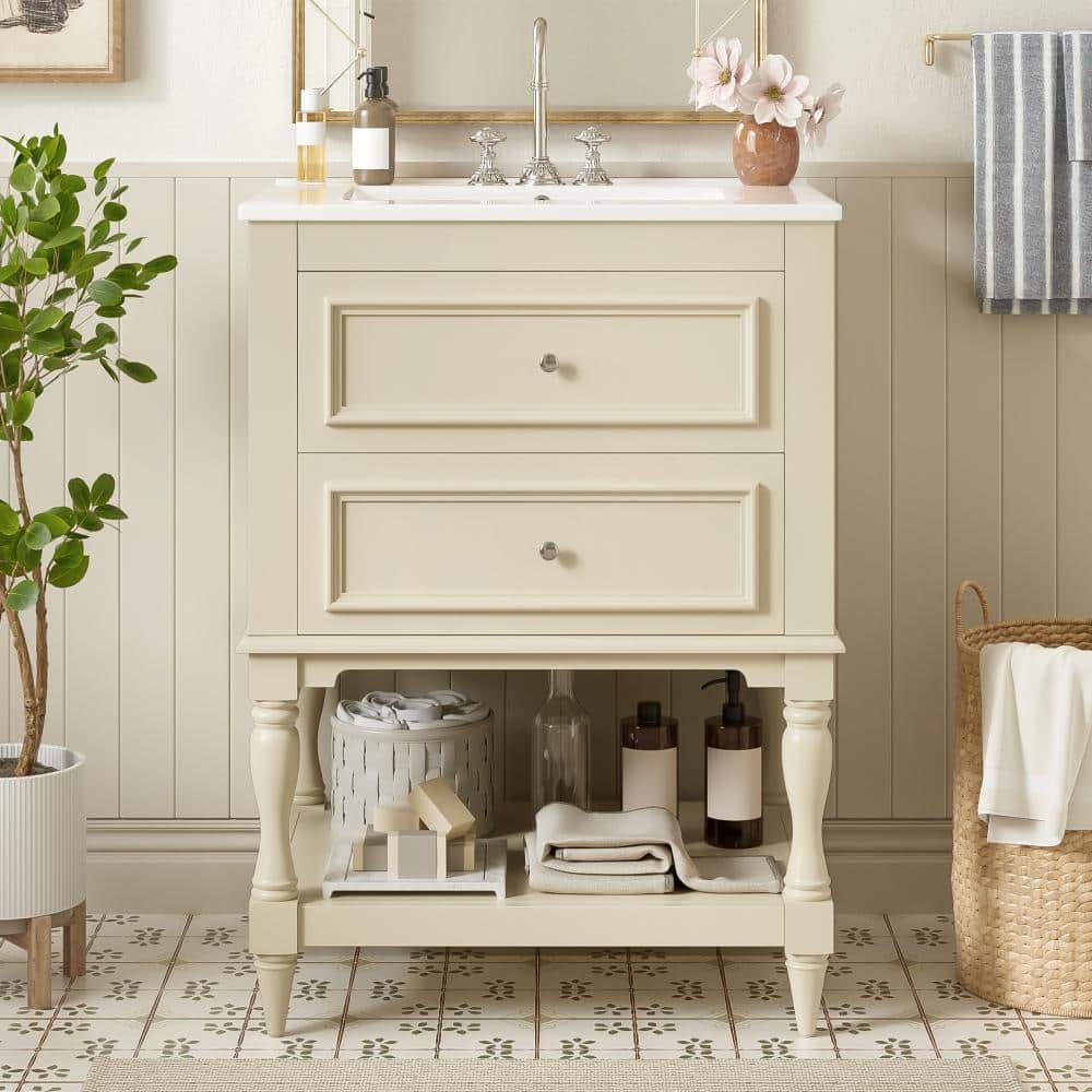 24 in. Single Sink Freestanding Beige Bath Vanity with White Ceramic Top, Open Shelf price history on PriceWatchPro