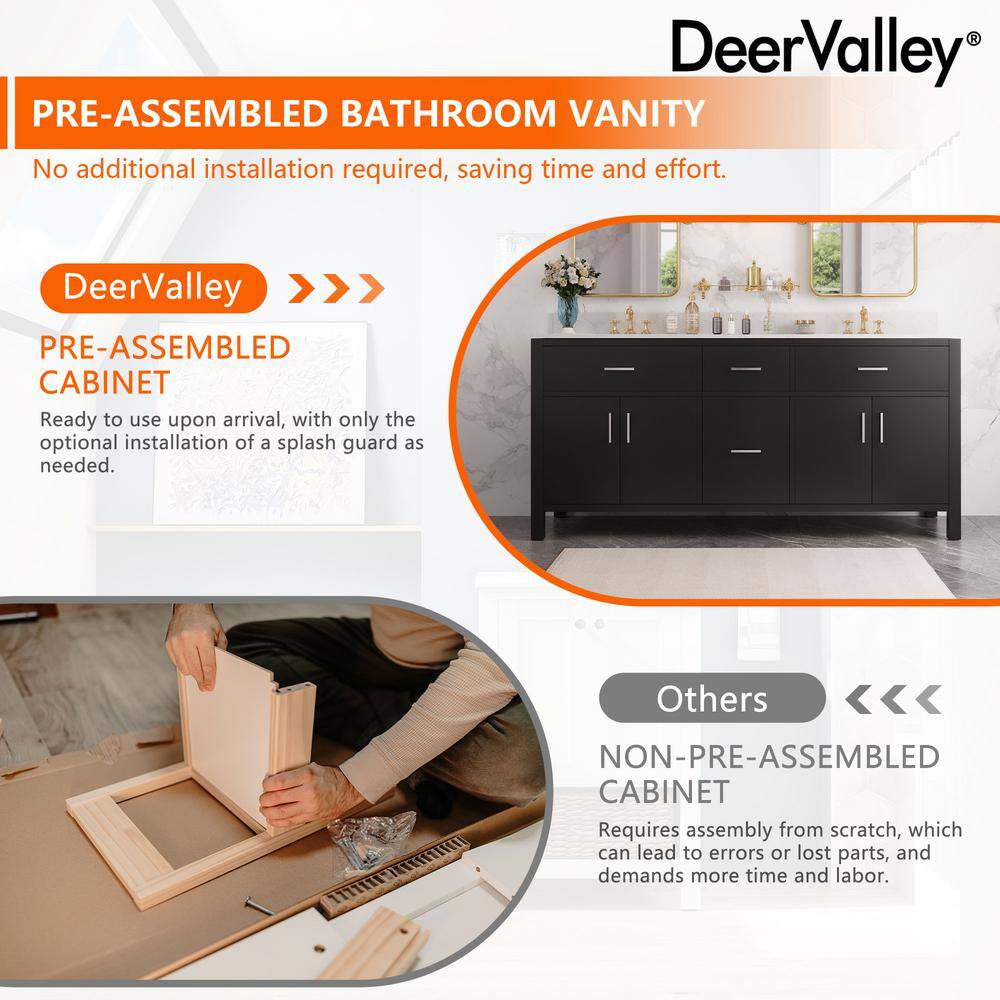 72" Black Double Freestanding Bathroom Vanity with Marble Top