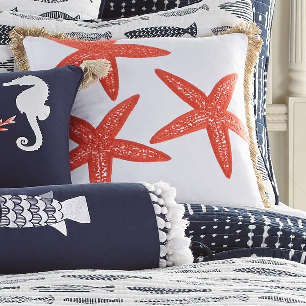 Bakio Coral and White Embroidered Starfish Pillow with Fringe Trim
