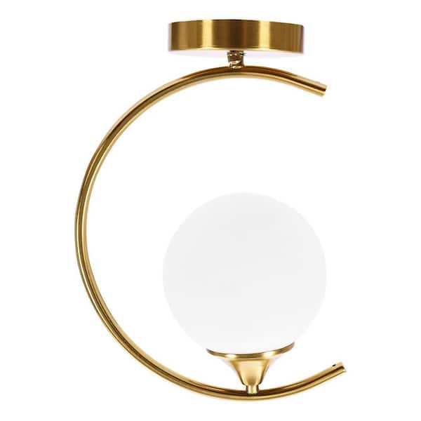 9 in. 1-Light Gold Modern Semi-Flush Mount Ceiling Light with White Glass Shade and No Bulbs Included