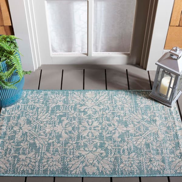 Courtyard Aqua/Gray 2 ft. x 4 ft. Antique Floral Indoor/Outdoor Area Rug