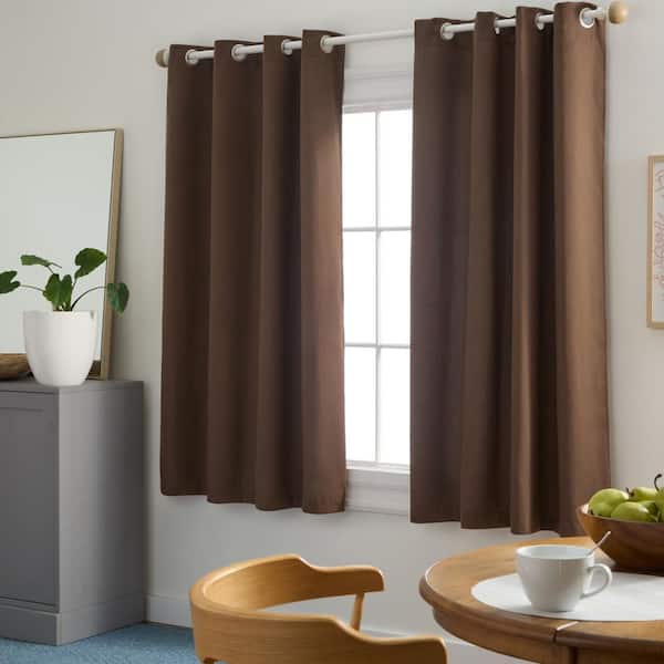 TOWN & COUNTRY BASICS Selena Solid Linen Texture 50 in. W x 63 in. L Polyester Room Darkening Sage Coffee Brown Curtain (Set of 2)