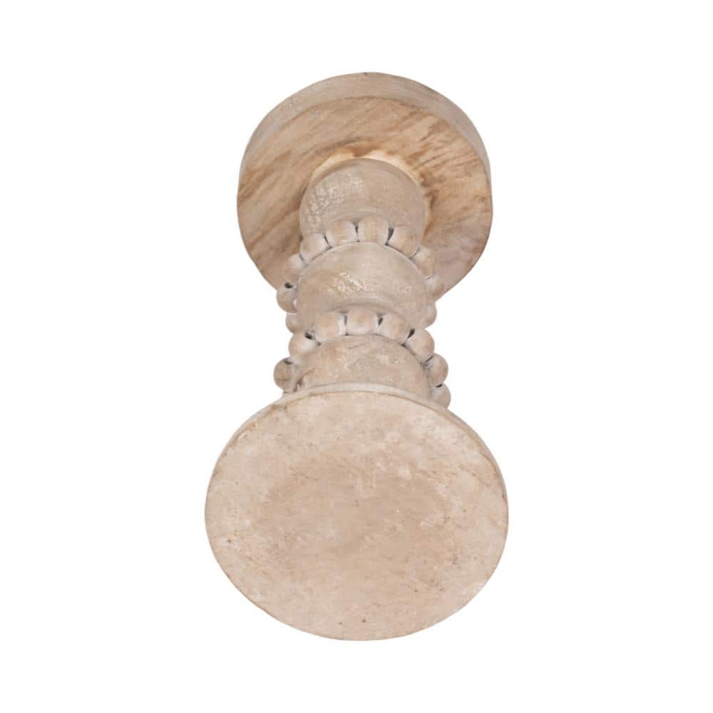 Ivory Distressed Wood Tabletop Candlestick with Decorative Beads