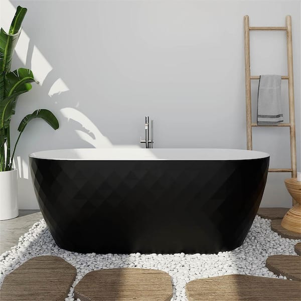 MYCASS 59 in. x 28 in. Freestanding Double Slipper Acrylic Soaking Bathtub with Center Drain in Matte Black