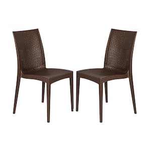 Brown Mace Modern Stackable Plastic Weave Design Indoor Outdoor Dining Chair (Set of 2)
