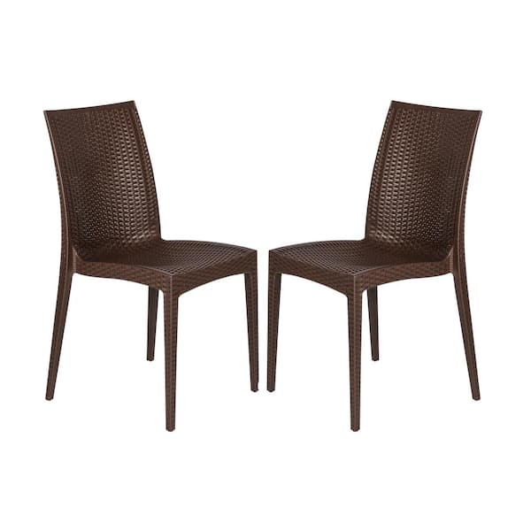 Leisuremod Brown Mace Modern Stackable Plastic Weave Design Indoor Outdoor Dining Chair (Set of 2)