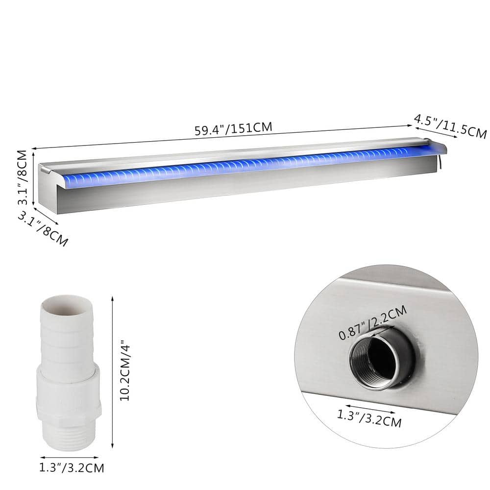 Stainless Steel Pool Waterfall with LED Strip Light, 59 Inch