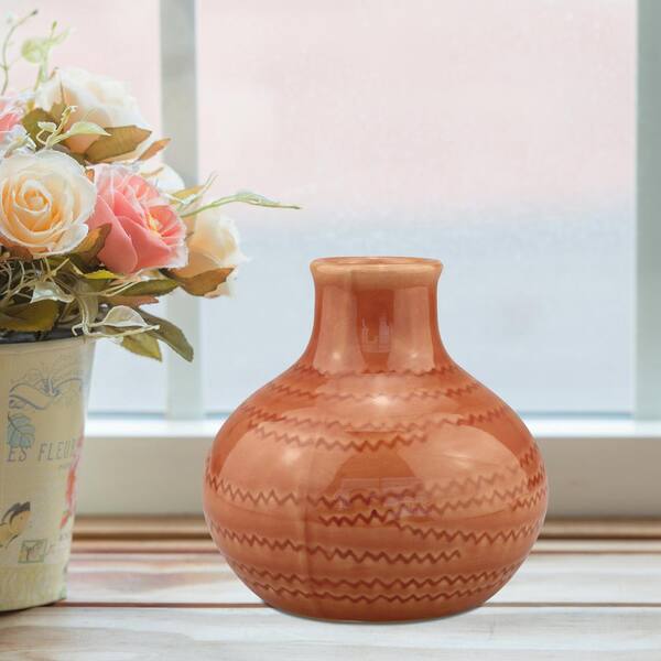 Stonebriar Collection 5 in. Ceramic Terra Cotta Small Vase with Detail in Peach