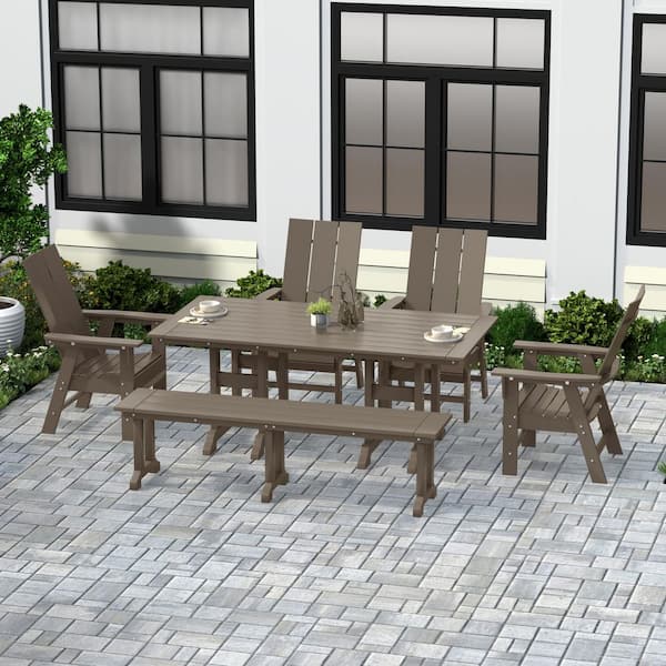 WESTIN OUTDOOR Shoreside Outdoor Patio Weather Resistant Weatherwood 6-Piece HDPE Plastic Adirondack Dining Set with Bench