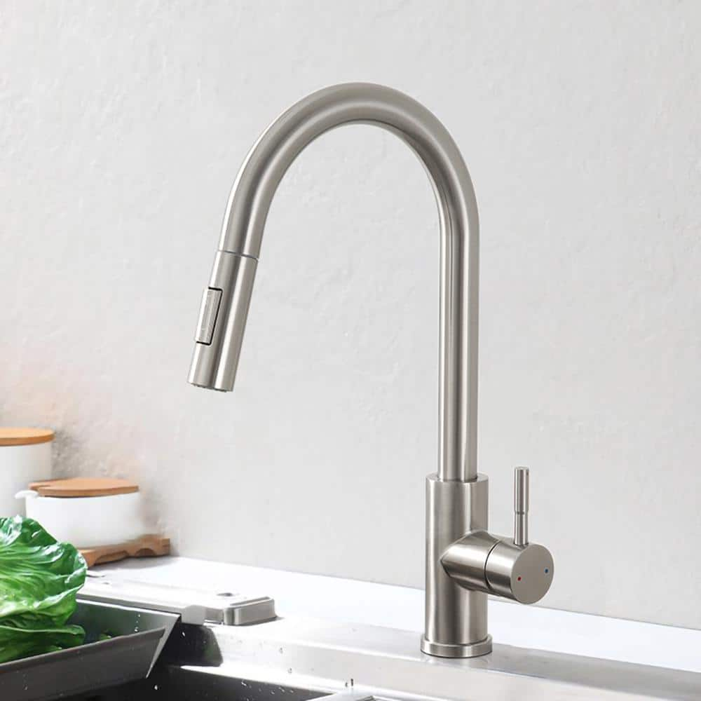 Satico Stylish Single Handle Pull Out Sprayer Kitchen Faucet in Brushed ...