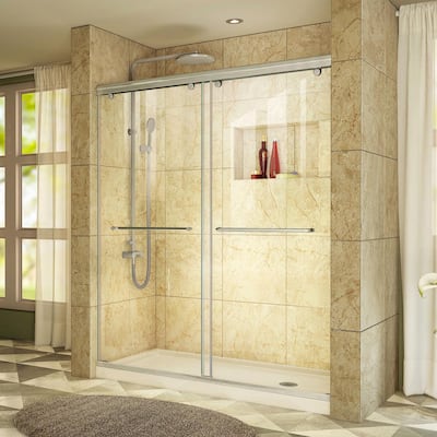 Charisma 32 in. x 60 in. x 78.75 in. Semi-Frameless Sliding Shower Door in Brushed Nickel with Right Drain Shower Base