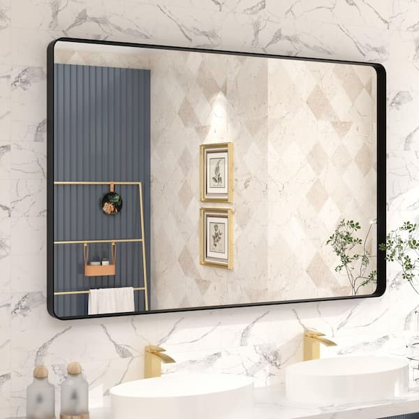 Apmir 48 in. W x 32 in. H Rectangular Aluminum Alloy Framed and Tempered Glass Wall Bathroom Vanity Mirror in Matte Black