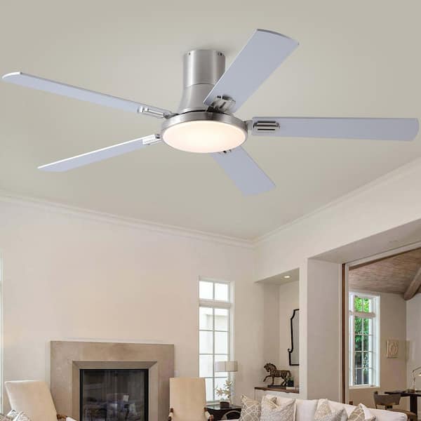 Thalion 52-in. Indoor/Outdoor Integrated LED Matte Nickel Ceiling Fan with Remote Control and Flush Mount for Bedroom