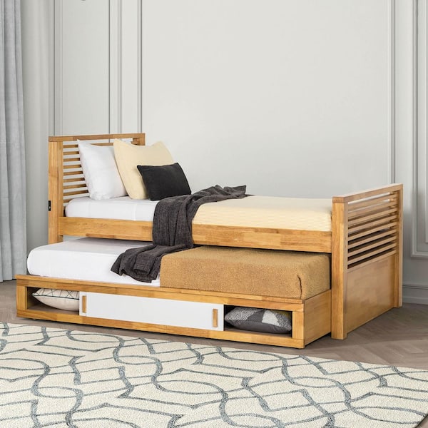 Anna Light Oak and White Twin Captain Bed with Built-In Storage Trundle and Sliding Door