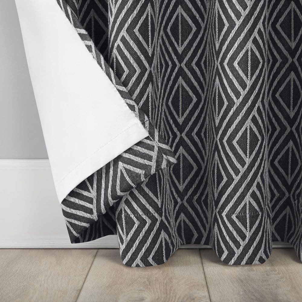 Black Geometric Polyester Blackout Grommet Curtain Panel