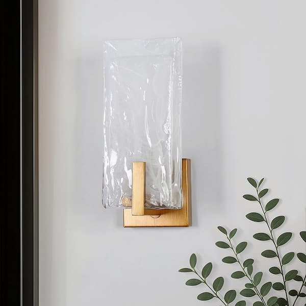 Nereithara 1-Light Vintage Brushed Gold Wall Sconce Modern Rectangle Bathroom Wall Ligh with Textured Glass Shades