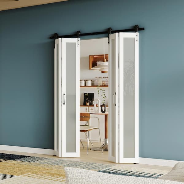 48 in. x 84 in . (24"X 2)Bi-Fold White 1-Lite Frosted Glass MDF Solid Core Sliding Barn Door with Hardware Kits .