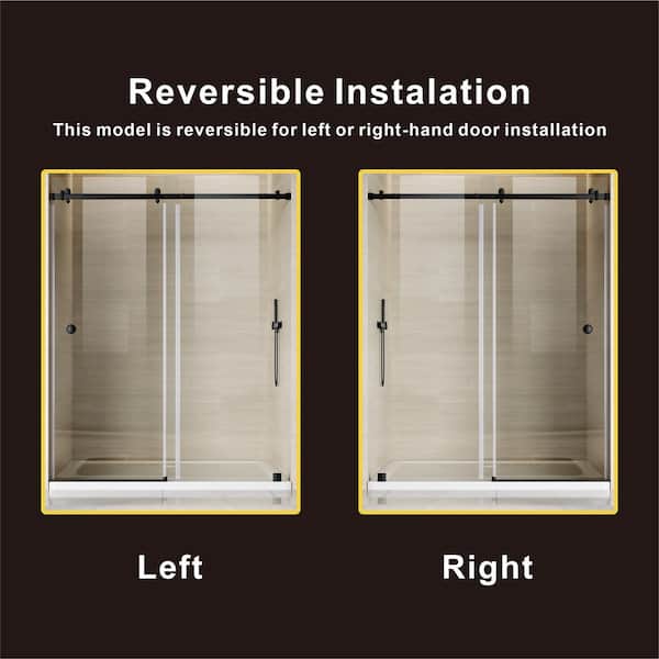 UKS09 56 to 60 in. W x 66 in. H Single Sliding Frameless Bathtub Door in Matte Black with EnduroShield 3/8" Clear Glass