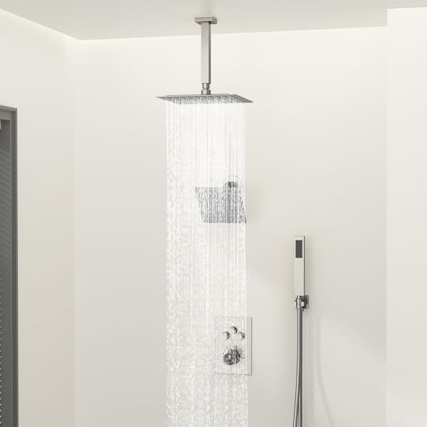 Triple Handle 7-Spray Patterns 12 in. Ceiling Mount Rainfall Shower Faucet with High Pressure in Brushed Nickel