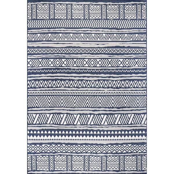 Abbey Tribal Striped Navy 8 ft. x 10 ft. Indoor/Outdoor Patio Area Rug
