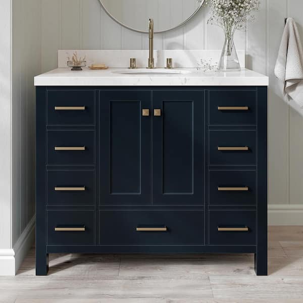 ARIEL Cambridge 42 in. W x 22 in. D x 36 in H Single Oval Sink Bath Vanity in Midnight Blue with Carrara White Quartz Top