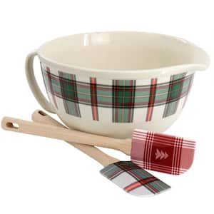 Martha Stewart 3 Piece Holiday Plaid Stoneware 3.4 qt. Batter Mixing Bowl Set with Silicone Spatulas in White