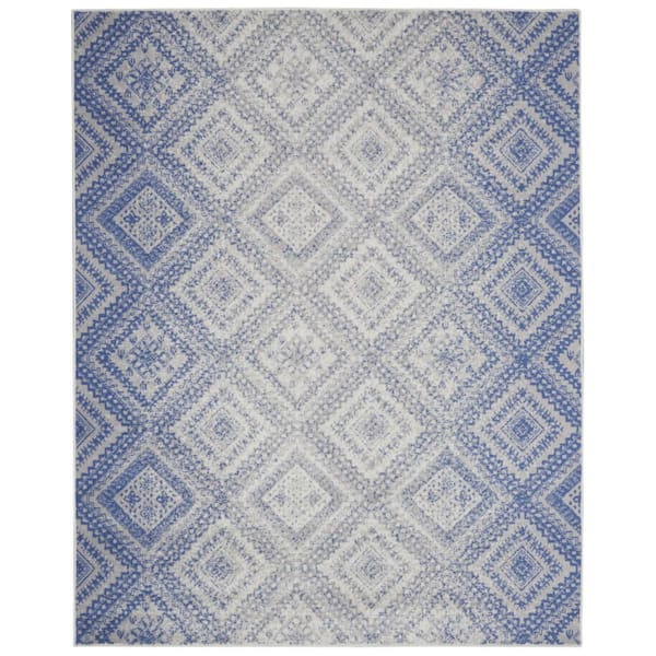 7 ft. x 10 ft. Ivory and Blue Geometric Distressed Non Skid Area Rug
