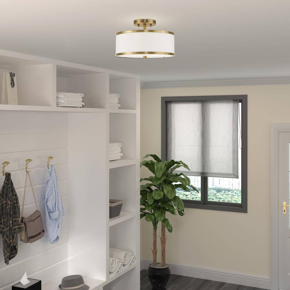Antique Brass and Off-White Fabric Semi-Flush Mount Light