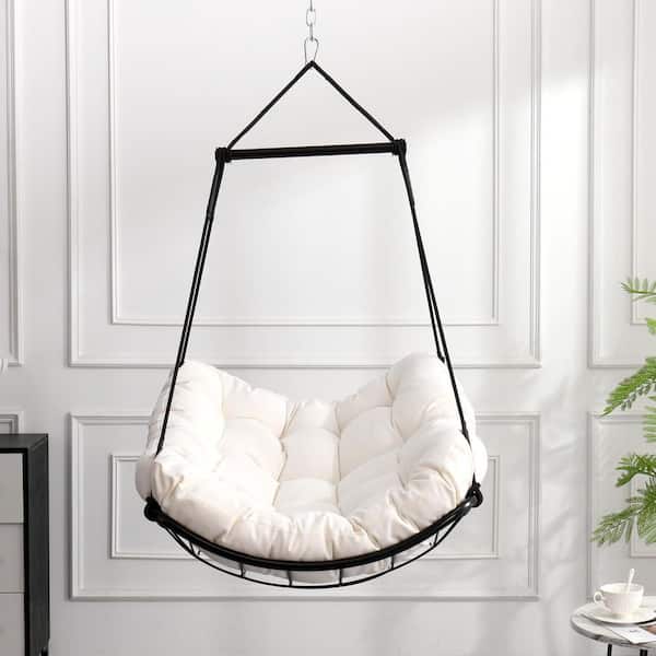 3 ft. Hammock Chair Swing with White Cushion-Outdoor Indoor Hanging Hammock Chair for Patio, Porch, Bedroom, Garden