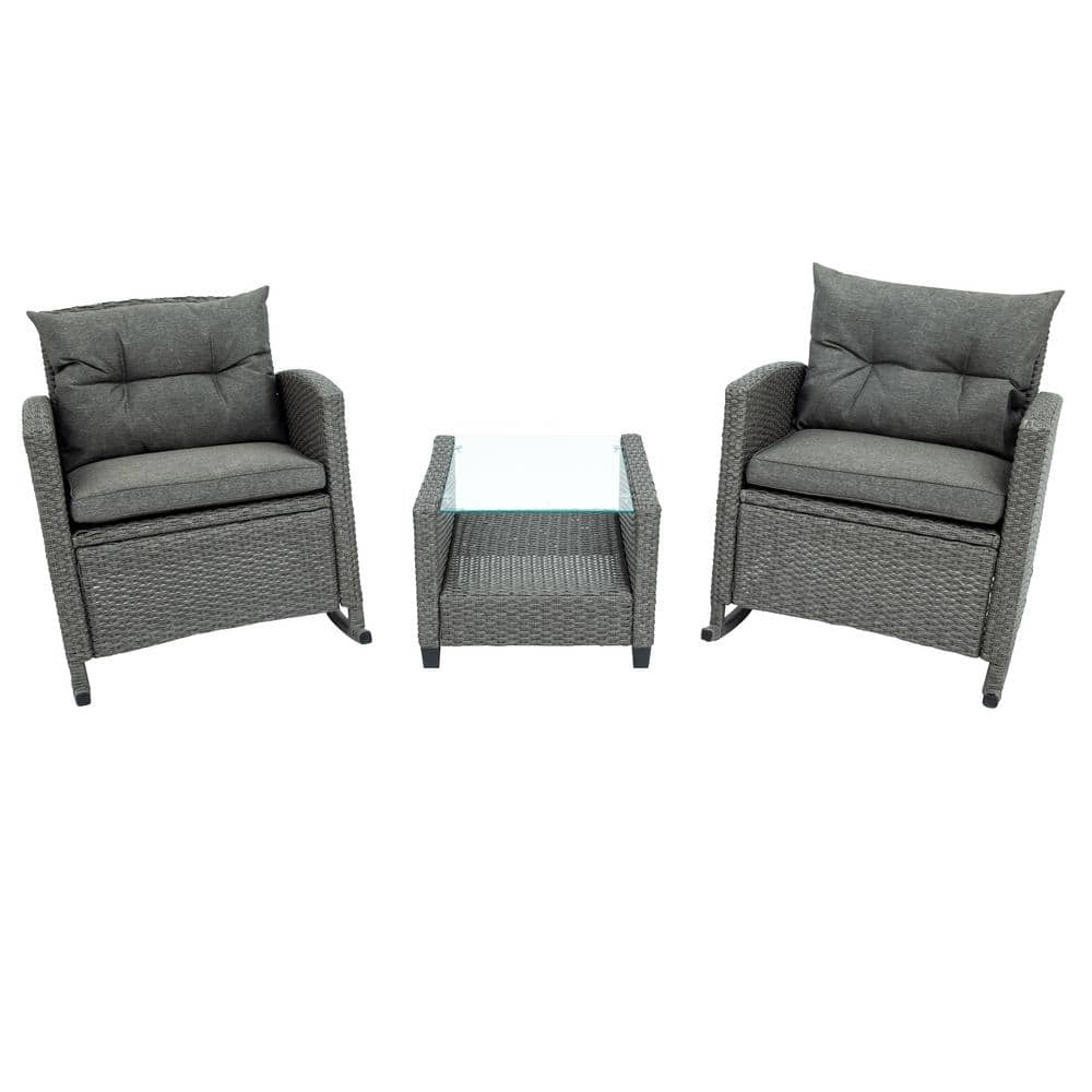 3 Piece Rocking Patio Furniture Set, Wicker Rattan Outdoor Set with Cushion