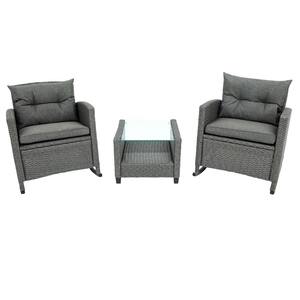 3 Piece Rocking Patio Furniture Set, Wicker Rattan Outdoor Set with Cushions and Glass-Top Coffee Table