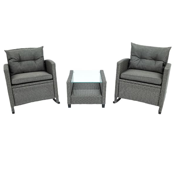 Tatayosi 3-Piece Wicker Rattan Rocking Outdoor Patio Furniture Set, Outdoor Set with Gray Cushions