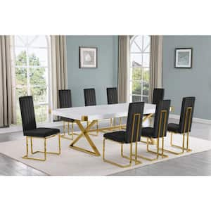 Miguel 9-Piece Rectangle White Wood Top Gold Stainless Steel Dining Set with 8 Black Velvet Chairs