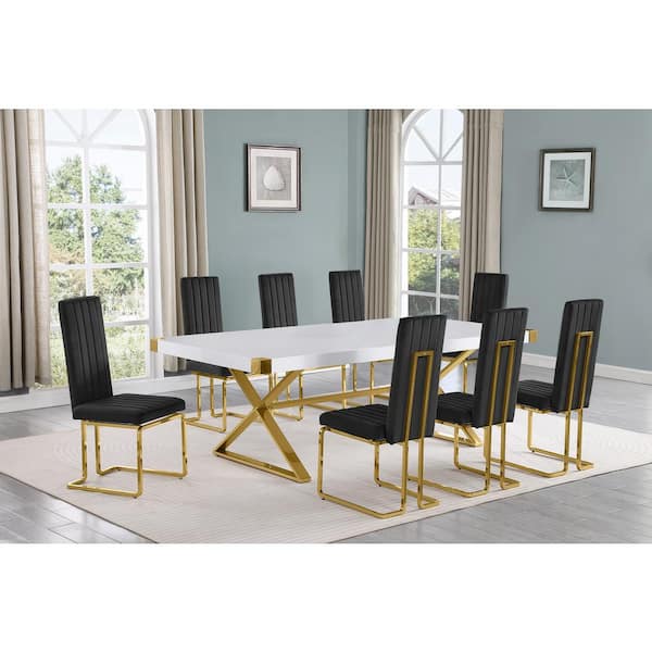 Best Quality Furniture Miguel 9-Piece Rectangle White Wood Top Gold Stainless Steel Dining Set with 8 Black Velvet Chairs