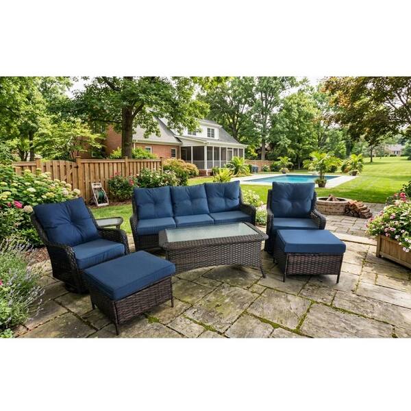 7-Piece Brown Wicker Patio Conversation Set with Swivel Rocking Chairs, Rectangular Coffee Table and Cushion Navy Blue